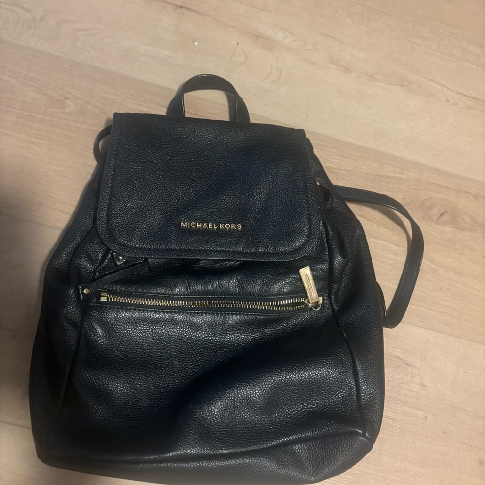 Michael Kors Black Leather Backpack with Gold Zipper